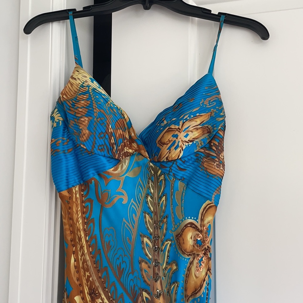 SUE WONG Silk turquoise beaded long gown
